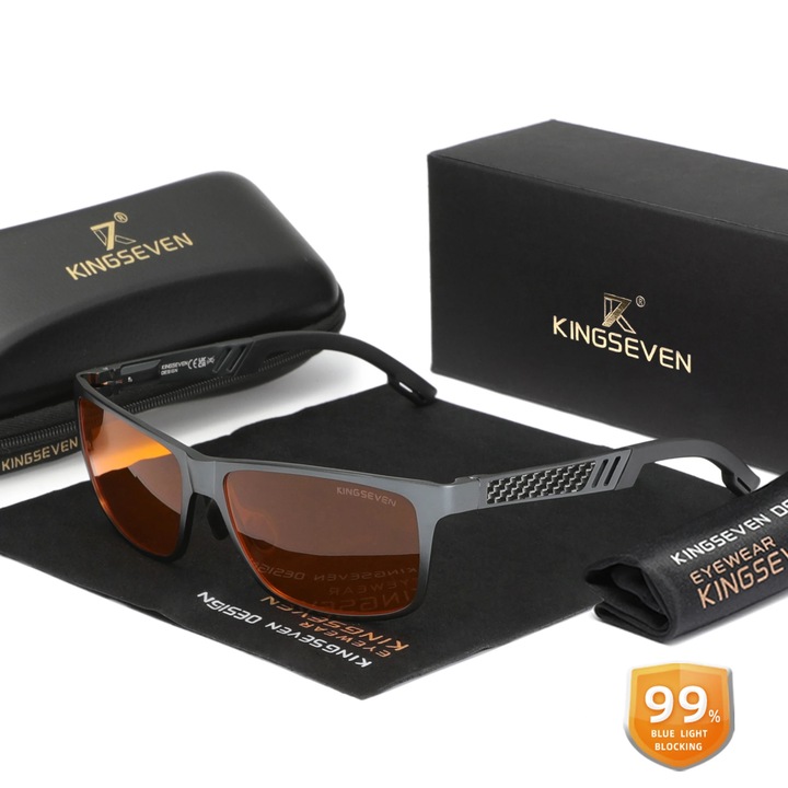 Ochelari de vedere Kingseven, ochelari anti-blue light, aluminiu-magneziu, inalta calitate, lentile optice, dreptunghiular, gri armat 99%