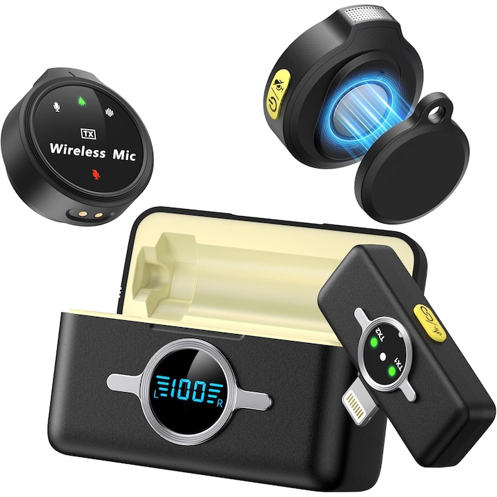 Комплект 2 безжични микрофона Lavalier с Lightning, MOSMAOO®, Type-C, обхват 90м, шумопотискане 2.4GHz, кутия за зареждане, за iPhone, iPad, Android, черен