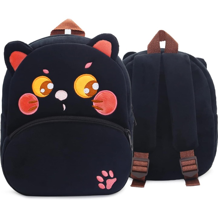 AYSTOAYS® Gyerek hátizsák, Plüss, Macska modell, Állítható pántok, Puha plüss hátizsák óvodásoknak, bölcsődéseknek, Fekete