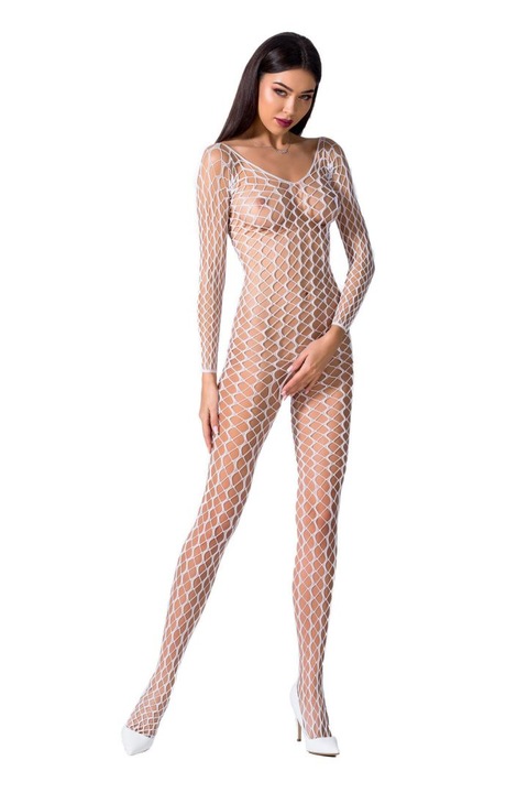 Bodystocking, Bs068 Alb, Transparent, Plasa Elastica, Model Decorativ Cu Motive, Deschis In Zona Inghinala, Croi Cu Bretele Sau Maneci, One Size, Alb