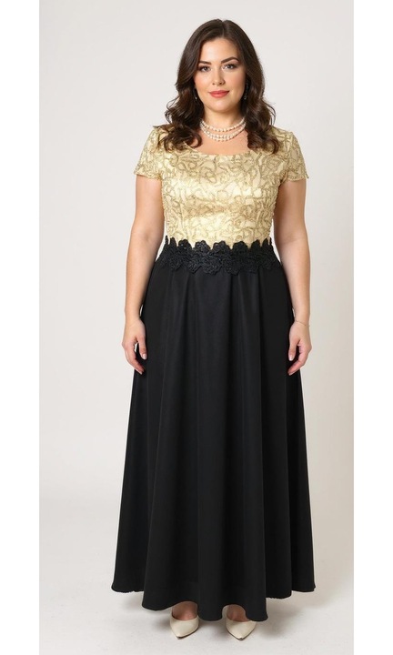 Rochie de ocazii, model lung, elegant, negru auriu, voal si dantela