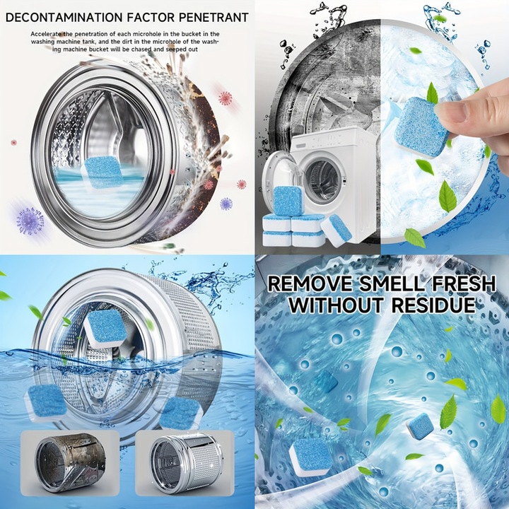 Tablete de curatare pentru masini de spalat, 24 buc, actiune de curatare profunda, parfum de lamaie, fara reziduuri