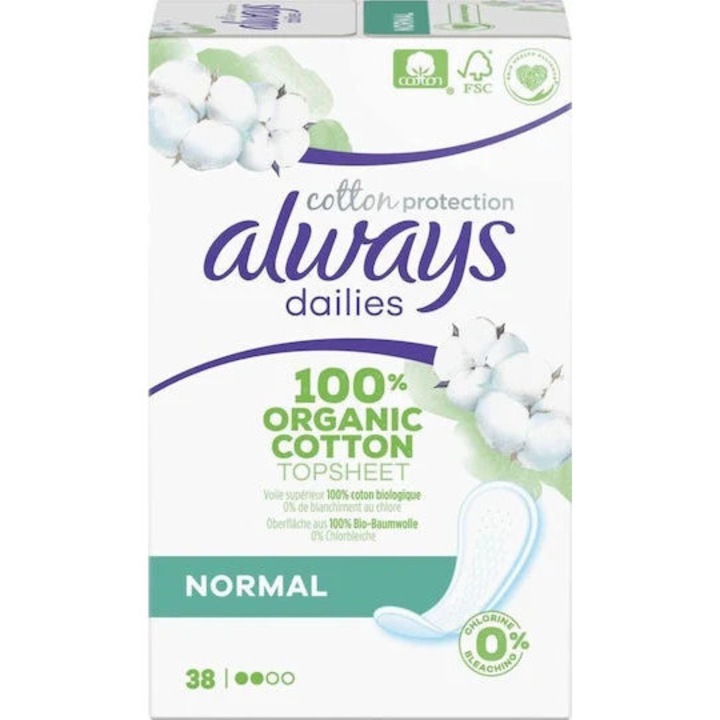 Tampoane Always Dailies, cu protectie din bumbac, subtiri, normale, 38 bucati