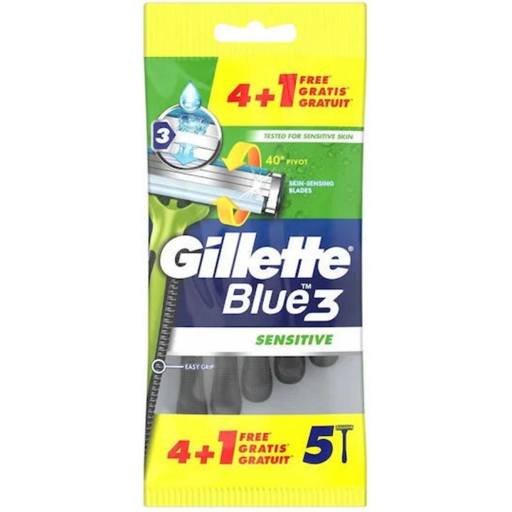 Lame de ras GILLETTE Blue 3 Sensitive de unica folosinta cu 3 lame si banda lubrifianta pentru piele sensibila, 5 bucati (4+1 gratuit)