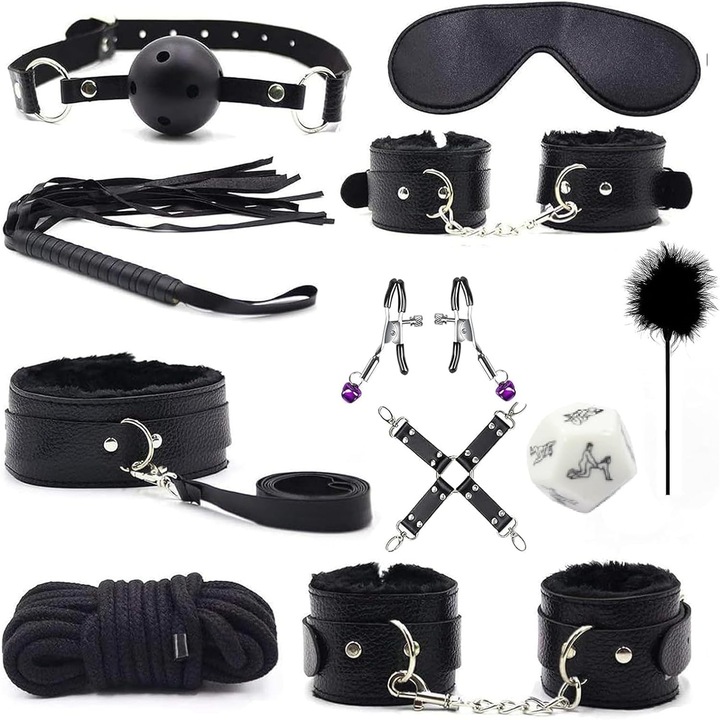 Set Bondage SM 11 Piese – Jucarii Erotice Alternative pentru Cupluri, Catuse, Ochelari, Bici, Guler si Accesorii BDSM, Kit Complet din Piele Ecologica, Negru