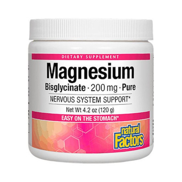Pulbere de Magneziu Bisglicinat 200mg Natural Factors, 120g, fara gluten, pentru sustinerea sanatatii musculare