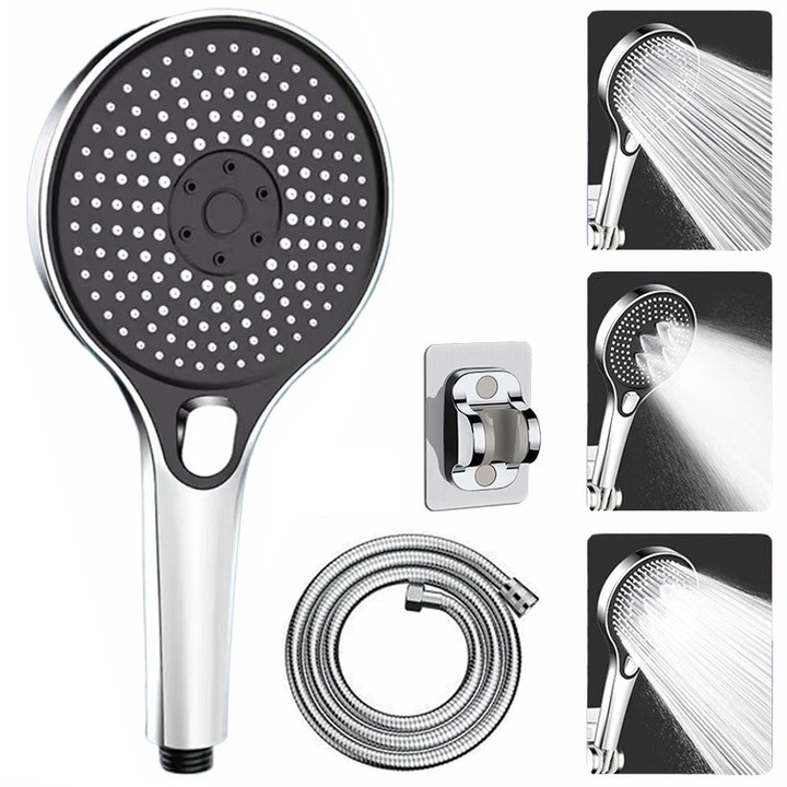 Para Cap De Dus, Lecheng®, 3 Moduri Jet, economisire apa, crestere presiune, cu furtun protectie metal 1.5 m si suport reglabil, Argintiu