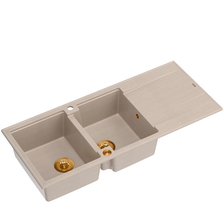 Chiuveta Quadron Evan 121 cu 2 cuve 116x50x21cm bej cu sifon cupru