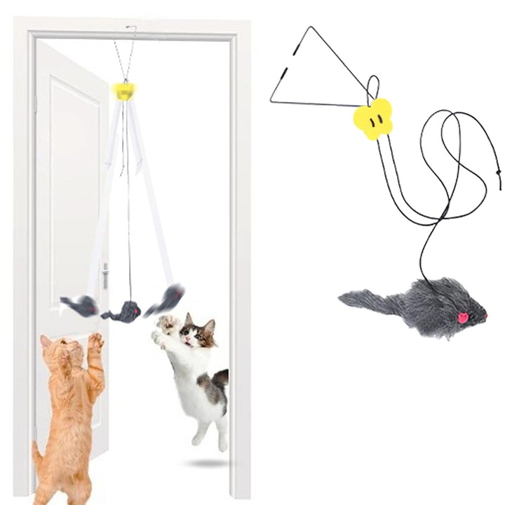 Jucarie pentru pisici, franghie, soarece, jucarie retractabila agatata, soarece de plus retractabil, agatat pe usa, soarece interactiv pentru pisici