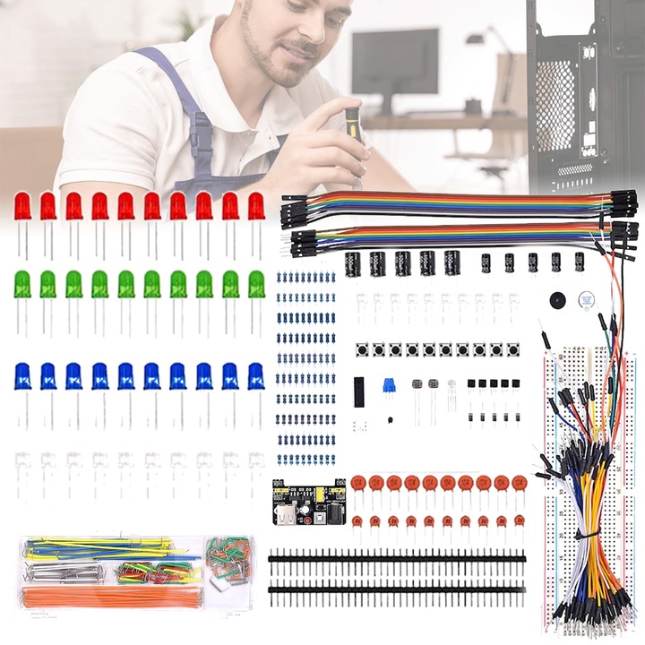 Kit de inceput pentru incepatori, compatibil cu pachetul de componente Arduino UNO R3, care include breadboard cu 830 de puncte, potentiometru, modul de alimentare, rezistori si condensatori, etc, BIGLISTENING®