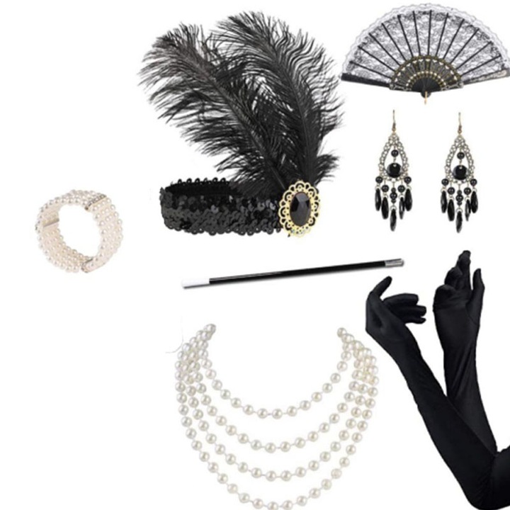 Комплект от 9 ретро аксесоара, Rqiurpn, стил 20-те години, перли, лента за глава, гривна, перлена огърлица, ръкавици, обеци, черен