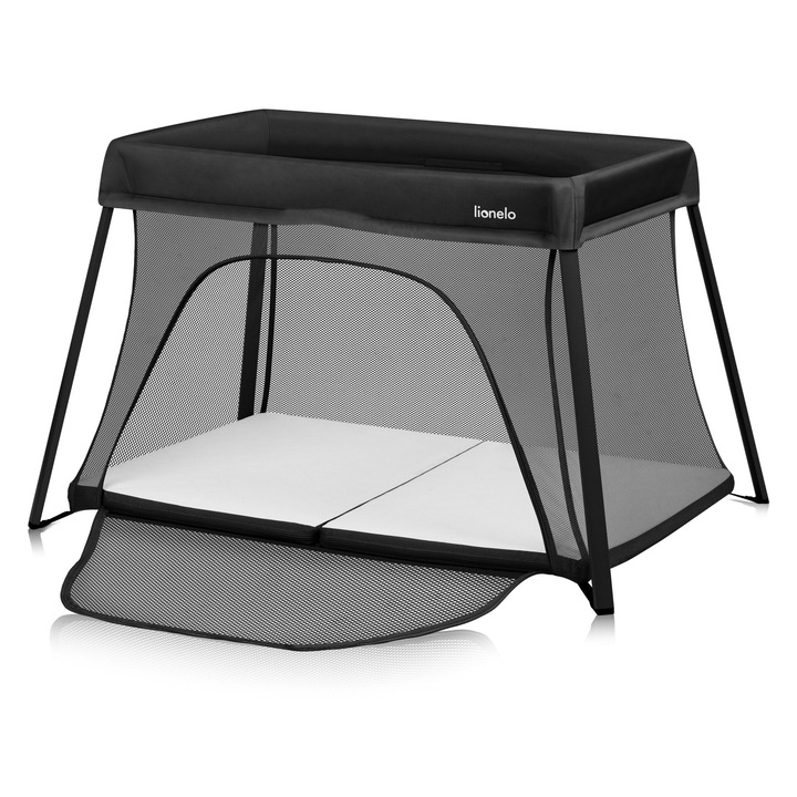 Összecsukható utazóágy, Lionelo Alice 3 az 1-ben járóka, kétszintes, oldalsó bejárattal, táskával, 104x70 cm, az EN 716 európai biztonsági szabványnak megfelelően, fekete
