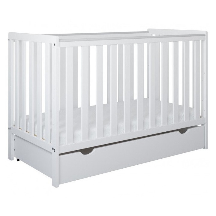 Patut din lemn si MDF pentru copii Nichiduta Bambi Alb cu sertar pe roti, sistem 2 bare detasabile, vopsele ecologoce pe baza de apa, margini rotunjite, dimensiuni interioare 120x60 cm