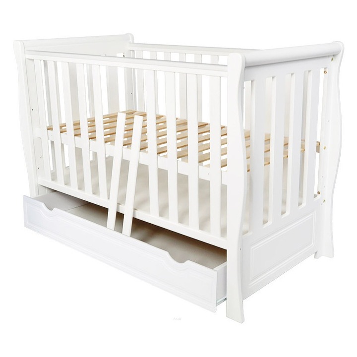 Patut din lemn si MDF Nichiduta Megan II Alb cu sertar, sistem 2 bare detasabile, bariera de protectie inclusa, vopsele ecologice pe baza de apa, margini rotunjite, dimeniuni interioare 120x60cm