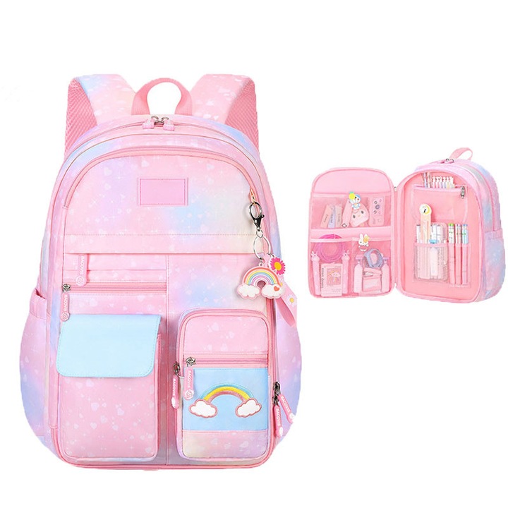 Раница за момичета Rqiurpn, с чанта за обяд и калъф за моливи, голям капацитет, дизайн с дъга, 32x18x42 см