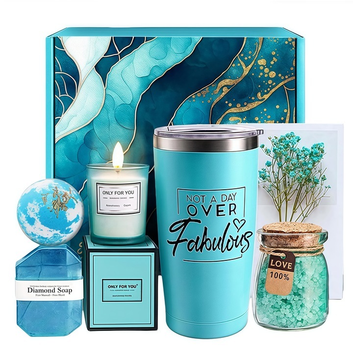 Set cadou pentru femei, 6 piese, Set Cadou Relaxare, Cana Termoizolanta, Lumanare Parfumata, Sare de Baie, sapun handmade, bomba de baie, Ideal pentru Valentine, Ziua Mamei, Craciun, 20oz, Albastru, BIGLISTENING®