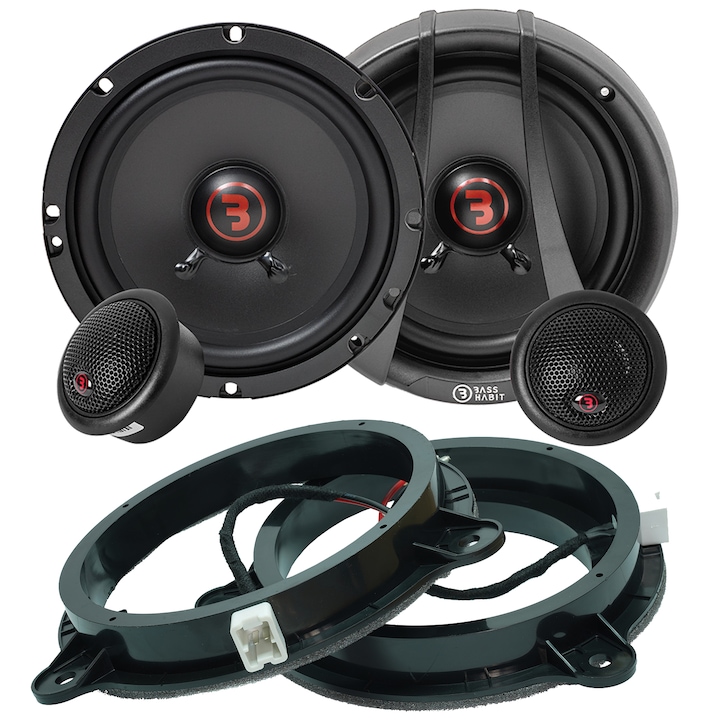 Pachet difuzoare auto componente Renault Bass Habit R165C 16.5cm 60W cu inele si cablu adaptor, Negru