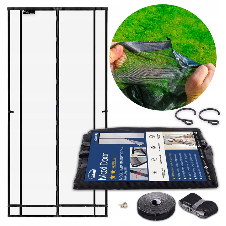 Мрежа против насекоми от фибростъкло с магнитно закопчаване за врати, VOLAN, 80/90/100 x 210/220 см, невидими вшити магнити, самозалепваща лента по цялата дължина, тежести и куки за опаковане, Черна