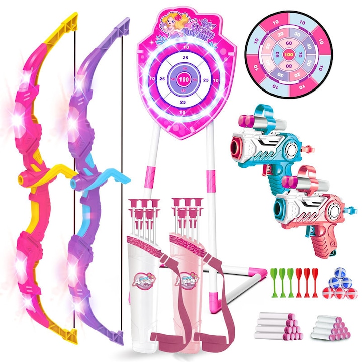 VATOS Íj és Nyíl LED-del, 2 Játék készlet - 4 az 1-ben Íjász és darts szett 20 tapadókorongos nyíllal, Világító szirén célpont és darts tábla - Beltéri/Kültéri játékok gyerekeknek