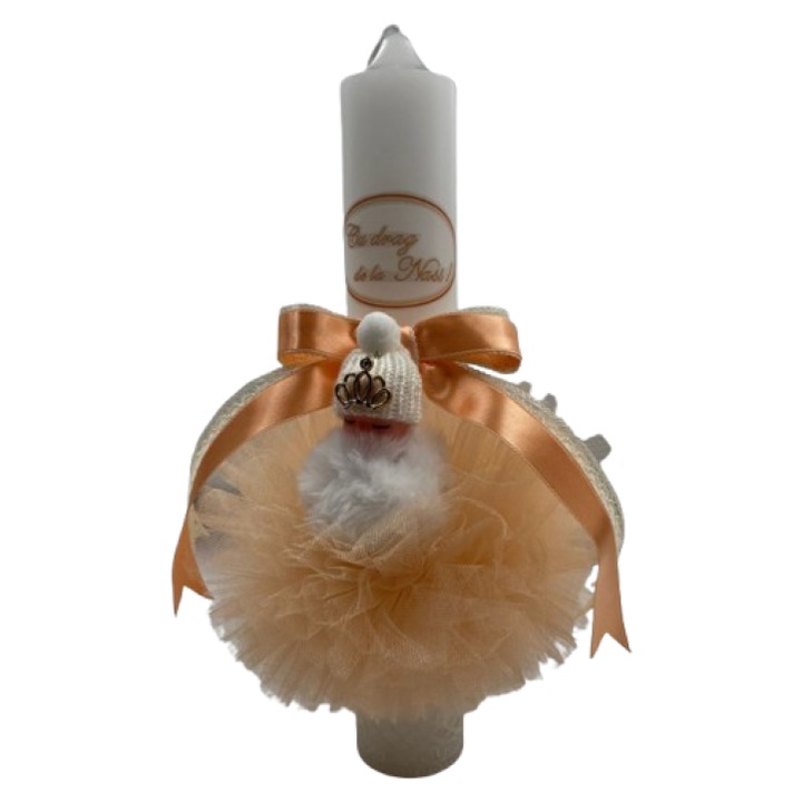 Lumanare de botez, Tulle, print Cu drag de la Nasi ! Si Bebe atasat. Piersica