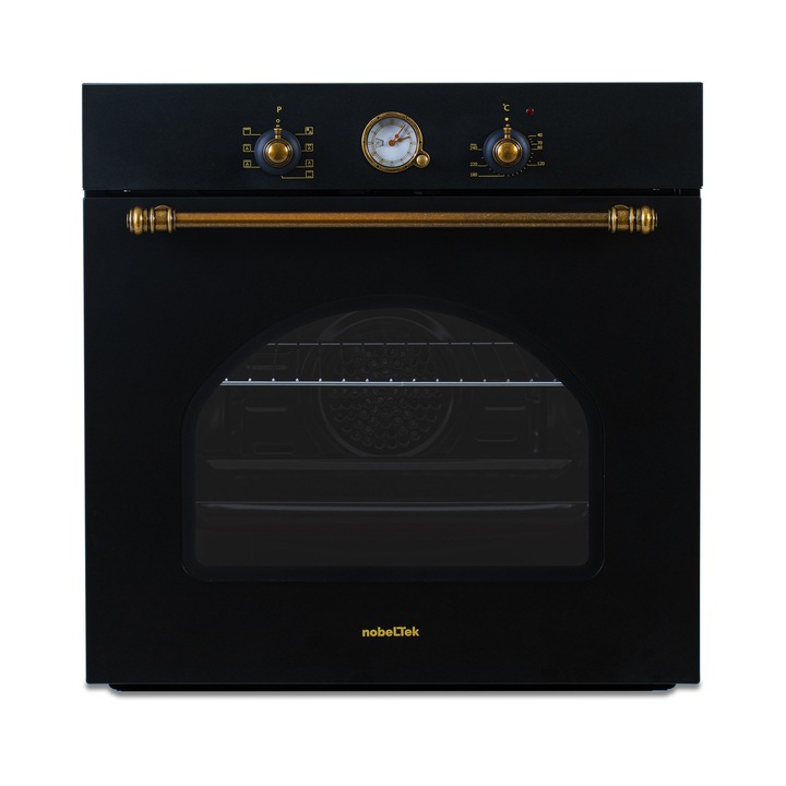 Cuptor incorporabil NBIO-9750RANT electric, 6 functii, 2 butoane, timer mecanic, 60L, sticla dubla, design rustic, antracit