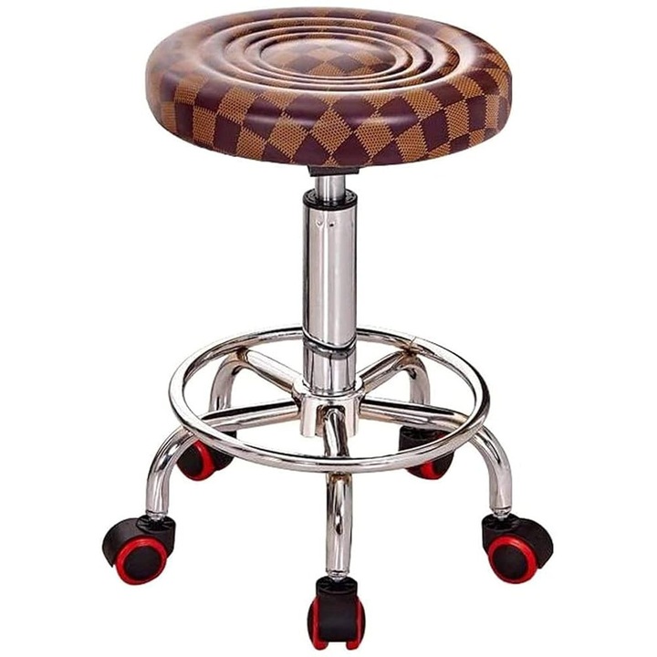 Scaun profesional salon, reglabil hidraulic, 48-63 cm, rotativ 360°, piele ecologica, pentru cosmetic, coafor si frizerie, Maro