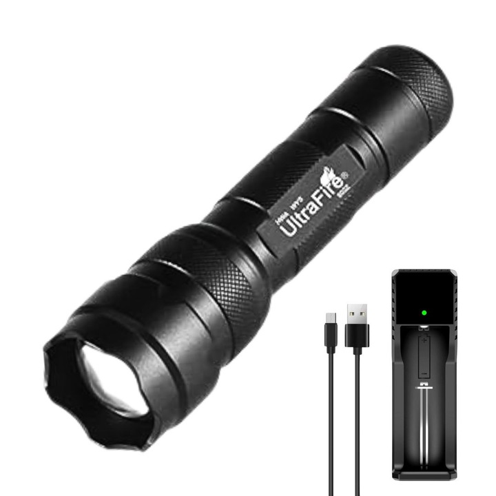 Тактически фенер UltraFire 502z, 1200 лумена, регулируем, черен, 2.6x13.5x3.5 см, с батерия и зарядно устройство