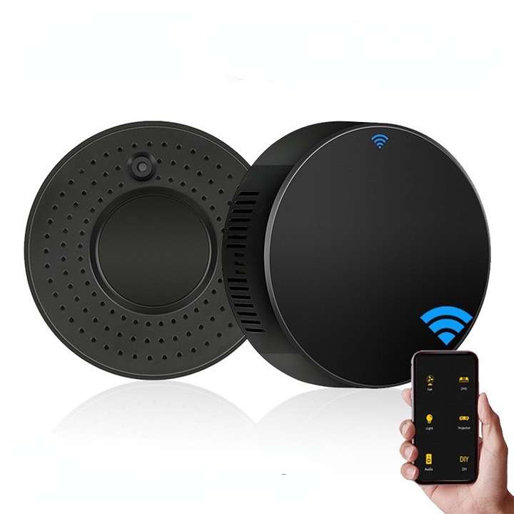 Infravörös okos távirányító, ZTMAKYLH, Wi-Fi, alkalmazással vezérelhető, Alexa/Google Assistant kompatibilis, TV, okoskapcsolók, légkondicionáló vezérlésére használható, 63x63x23mm, fekete