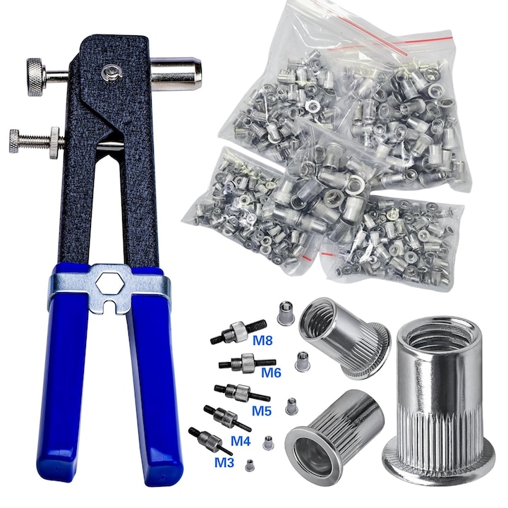 Set cleste pentru nituit piulite nituibile, MOSMAOO®, 430Pcs (M8/M6/M5/M4/M3), Maner Ergonomic, Combinatie de piulite cu nit metric, Potrivit pentru mobilier, Decoratiuni, Automobile, Aplicatii marine si industriale, Albastru/Negru