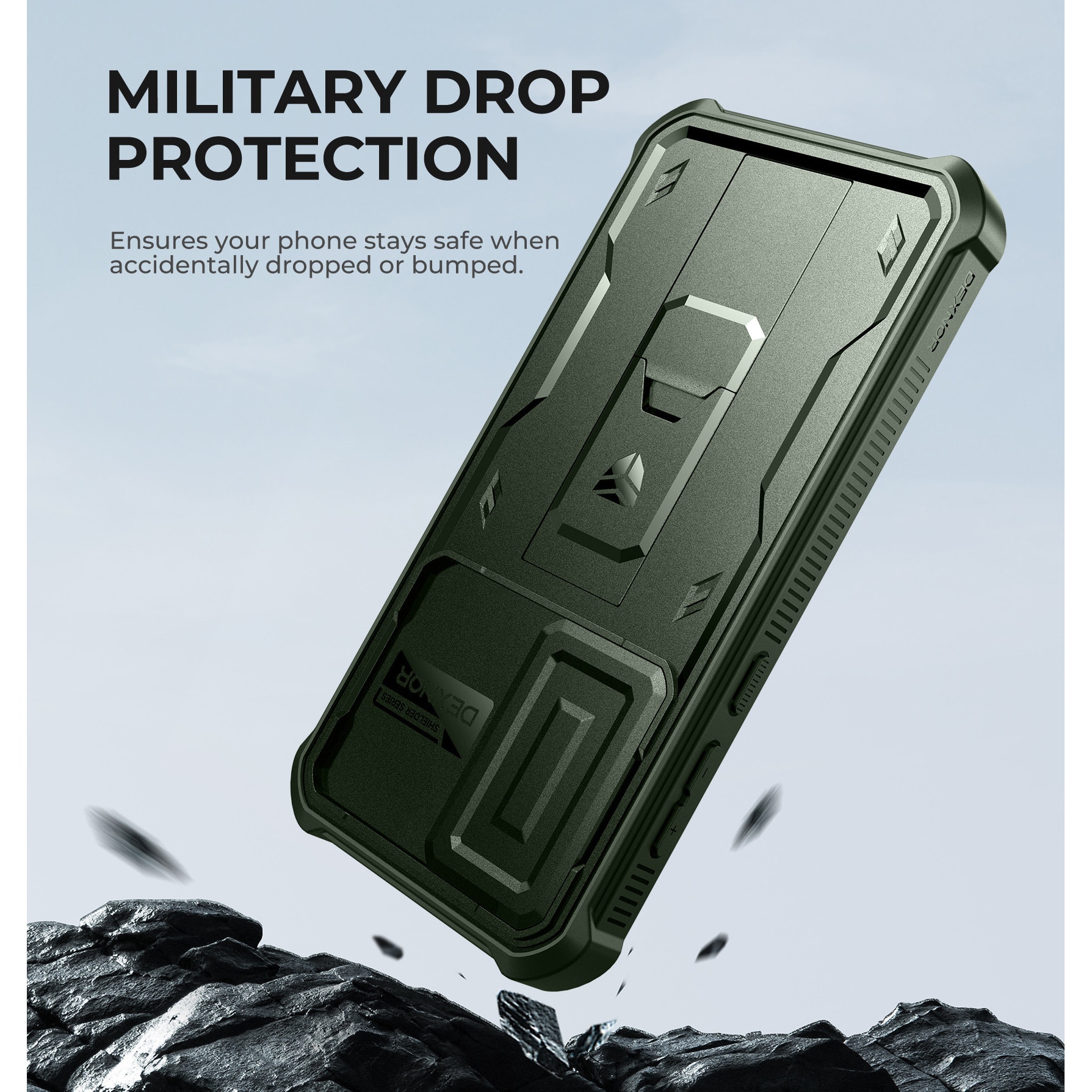Husa Dexnor Samsung Galaxy A55, protectie completa, verde militar, 10ft, cu suport si protectie camera