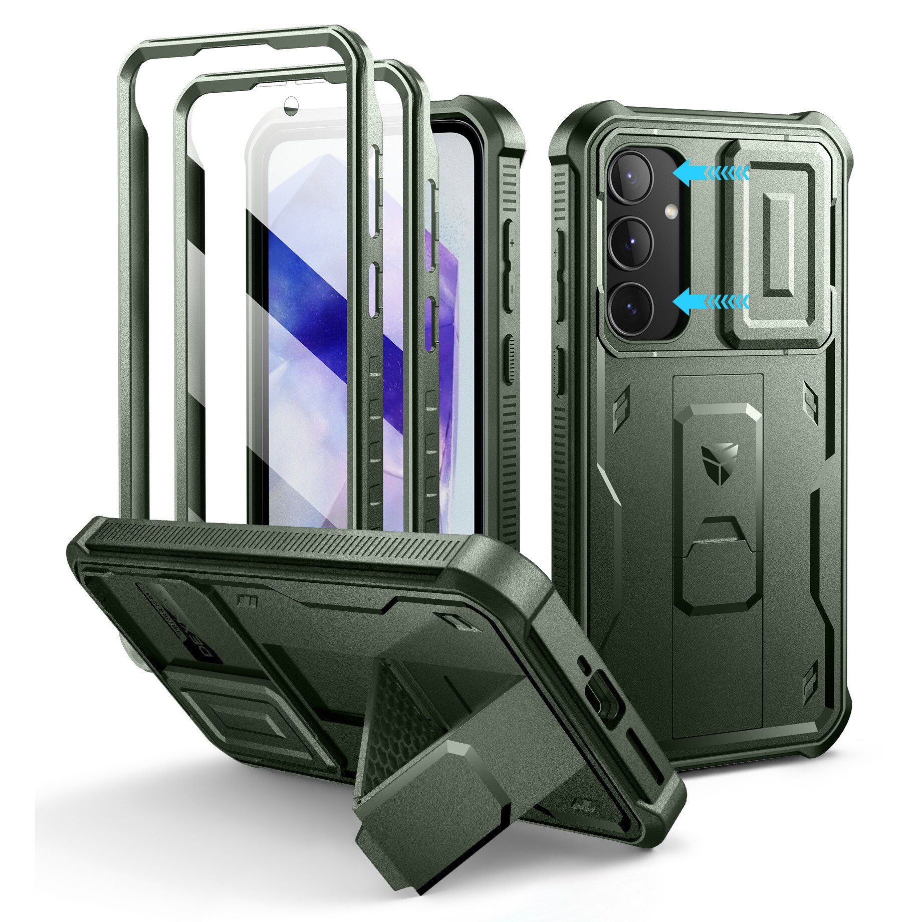 Husa Dexnor Samsung Galaxy A55, protectie completa, verde militar, 10ft, cu suport si protectie camera