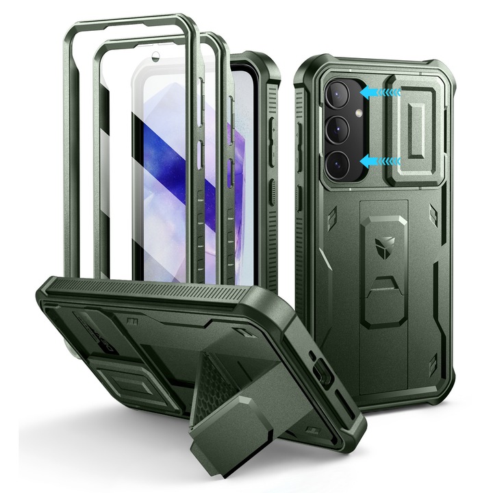 Husa Dexnor Samsung Galaxy A55, protectie completa, verde militar, 10ft, cu suport si protectie camera