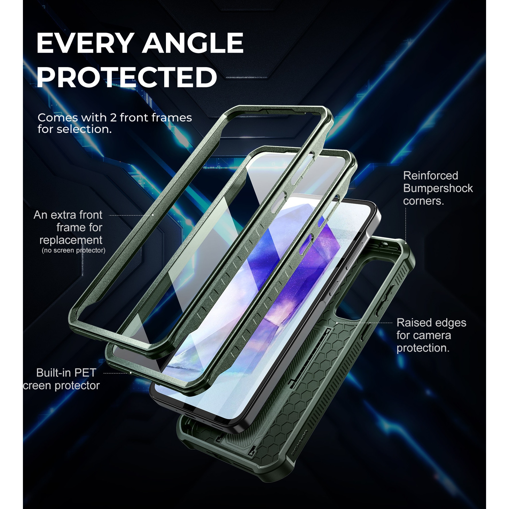 Husa Dexnor Samsung Galaxy A55, protectie completa, verde militar, 10ft, cu suport si protectie camera