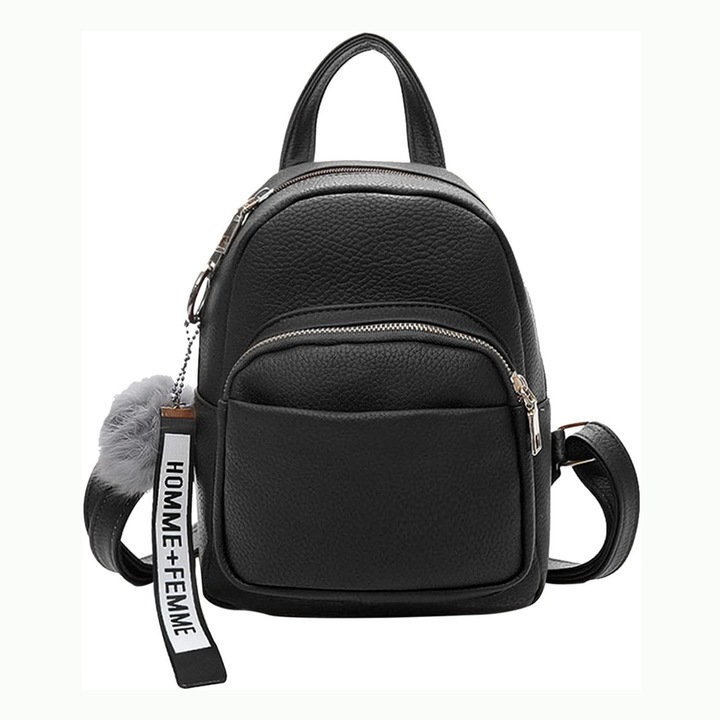 Rucsac mini fashion pentru femei, cu pomponi, piele naturala, 18x9x24cm, negru