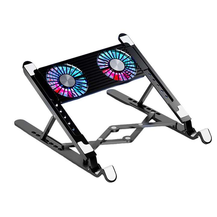 Suport pentru laptop cooler, portabil, pliabil, detasabil, cu sistem dublu de ventilatie prin cooler, suport stabil triunghiular, compatibil cu laptopuri de 11-17.3 inch, negru