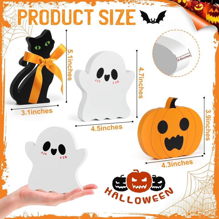 Fából készült Halloween dekorációk, Supertina®, 3 darabos készlet, tök, szellem, fekete macska