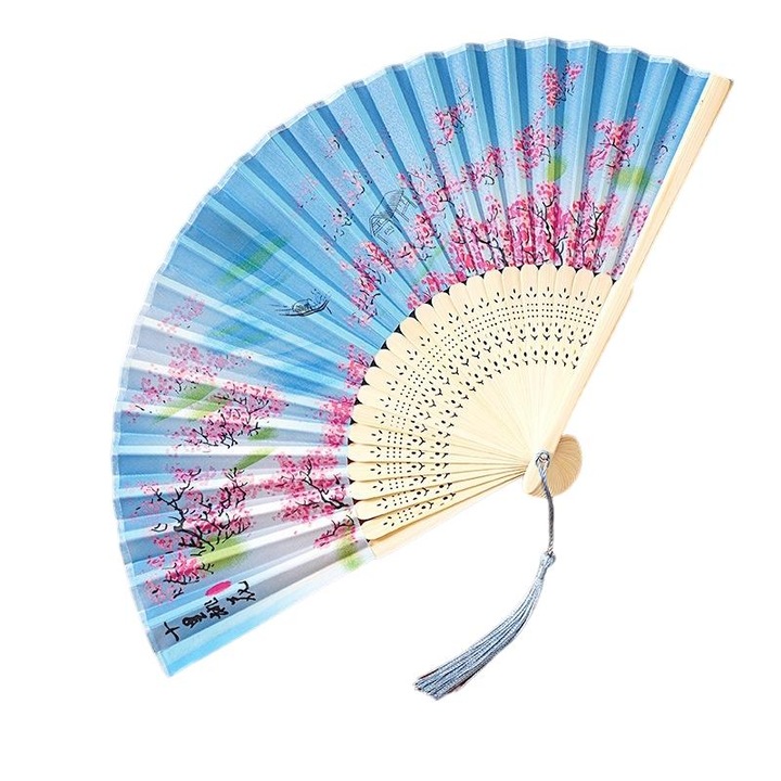 Összecsukható kézi legyező, bambusz, vintage, ciánkék, 21x38cm