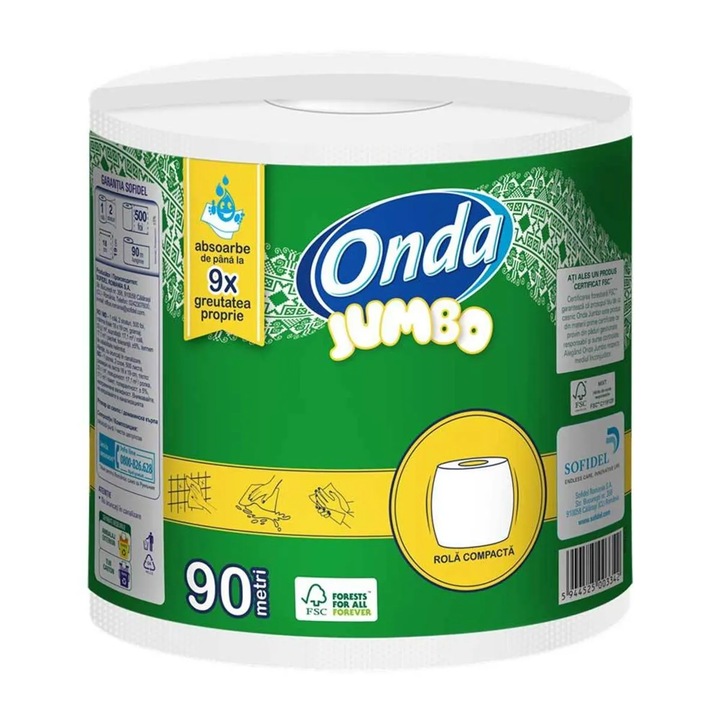 Prosoape de Hartie pentru Bucatarie ONDA in 2 Straturi, 500 de foi, 90m, Culoare Alba