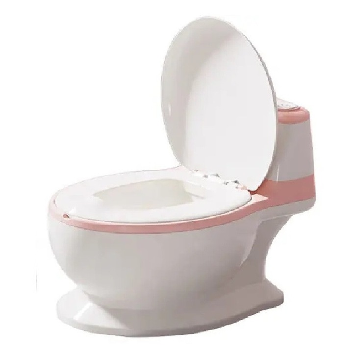 Olita tip minitoaleta pentru copii Little Mom Pink cu sunete, colac din PVC, vas colector detasabil, capac rabatabil cu functie de spatar si suport pentru servetele, dimensiuni 27x22x32 cm