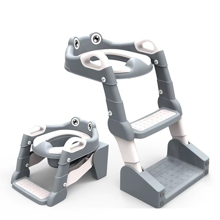 Reductor pentru copii Little Mom Grey multifunctional 2 in 1, pliabil, colac din PVC, cu recipient colector si manere de sustinere, dimensiuni 58x47x32.5 cm