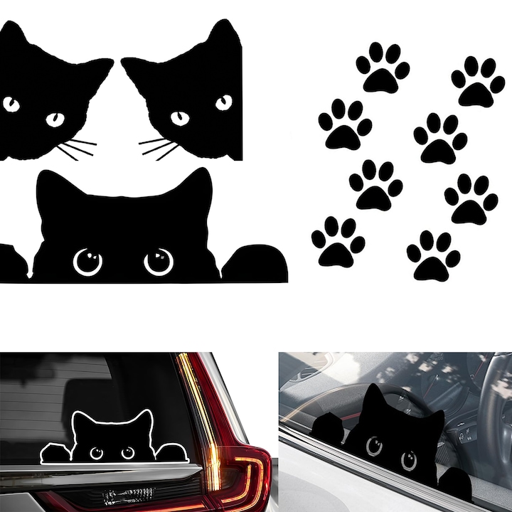 Set 9 autocolante auto, TREXORA, 3 capete de pisica + 6 urme de labe, material reflectorizant, negru