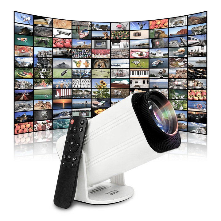 Proiector portabil, mirroring Android/iOS, rezolutie HD 1920x1080, 300 ANSI, Android 11, suporta Wi-Fi, Bluetooth, USB, HDMI, mufa de 3,5 mm, alb