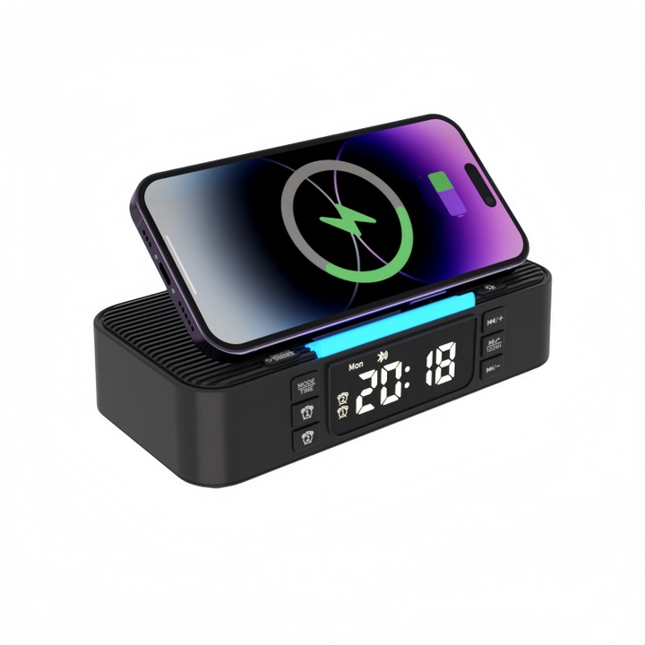 Ceas decorativ, difuzor Bluetooth, ceas desteptator, incarcator wireless pentru telefon mobil, lumina nocturna de atmosfera, calitate sunet HD, AUX, 1500mAh, incarcare USB, 160x78x35mm, negru