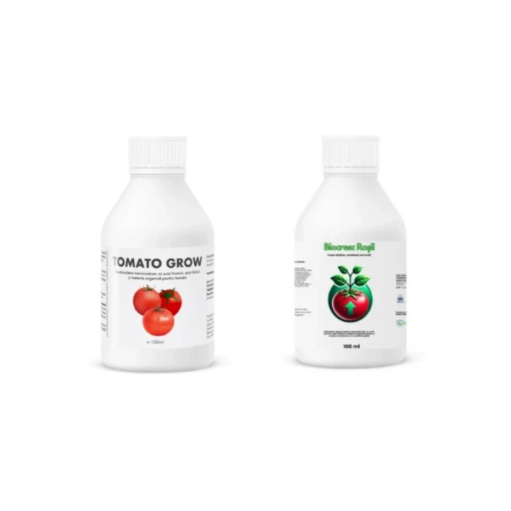 Pachet tratament si nutritie tomate/rosii, Stimulator de legare si rodire pentru tomate Tomato Grow, 100 ml + Biocresc Rosii, 100 ml