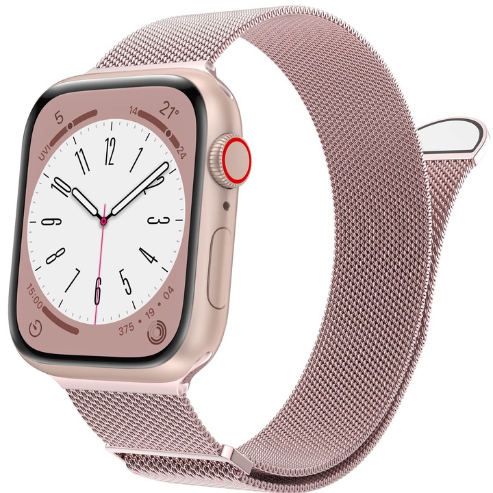 Curea Milanese Metalica, Apple Watch SE/9/8/7/6/5/4/3/2/1 - 38/40/41MM, LEIISVK, Ajustabila, Prindere Magnetica, din Otel Inoxidabil, Premium, Rose Pink