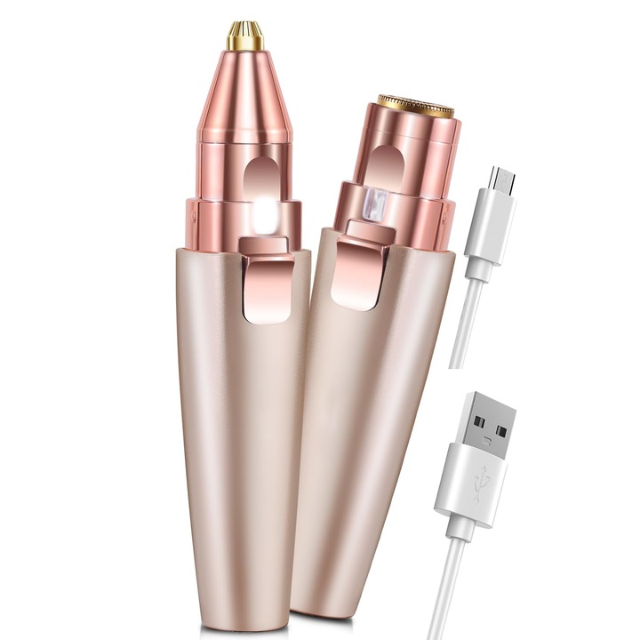 Aparat de tuns sprancene si fata: Aparat de indepartare a parului facial si de ras sprancene reincarcabil 2 in 1 - Aparat de ras pentru corp cu lumina LED incorporata, LEIISVK, Auriu roz