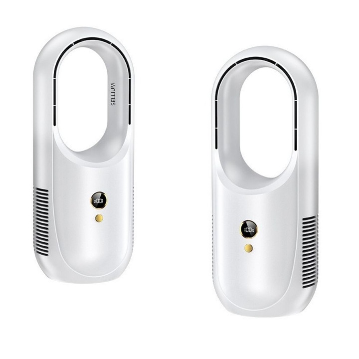 Преносим вентилатор SELLIUM, без перка, USB-C зареждане, 5 скорости, LED светлини, 35 x 12, Безшумен, Бял