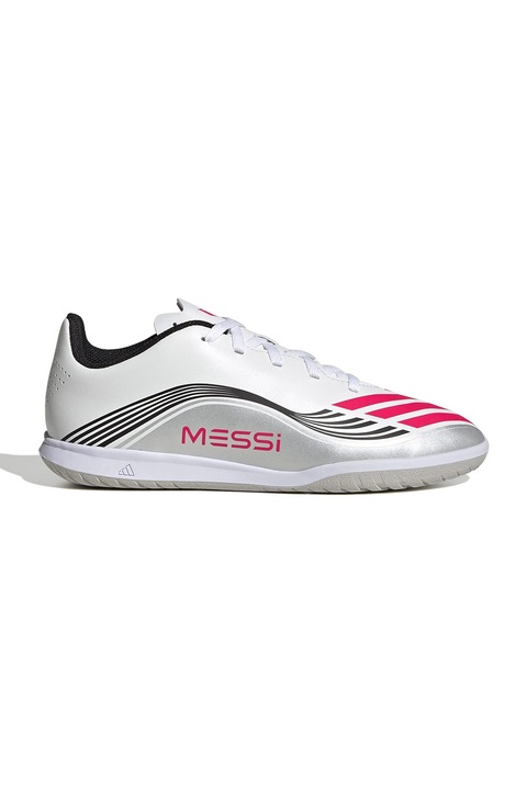 adidas Performance, Pantofi F50 Messi Club pentru fotbal, Alb/Fucsia/Argintiu