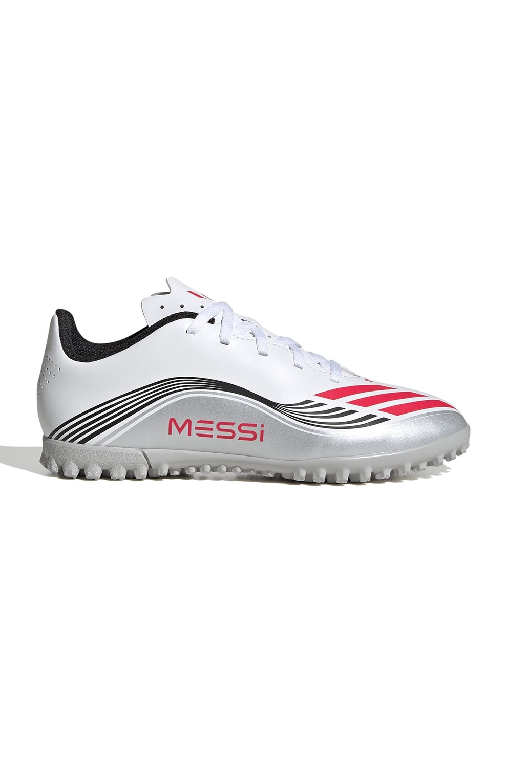 adidas Performance, Pantofi F50 Messi Club pentru fotbal, Alb, Fucsia, Argintiu, 37 1/3 EU