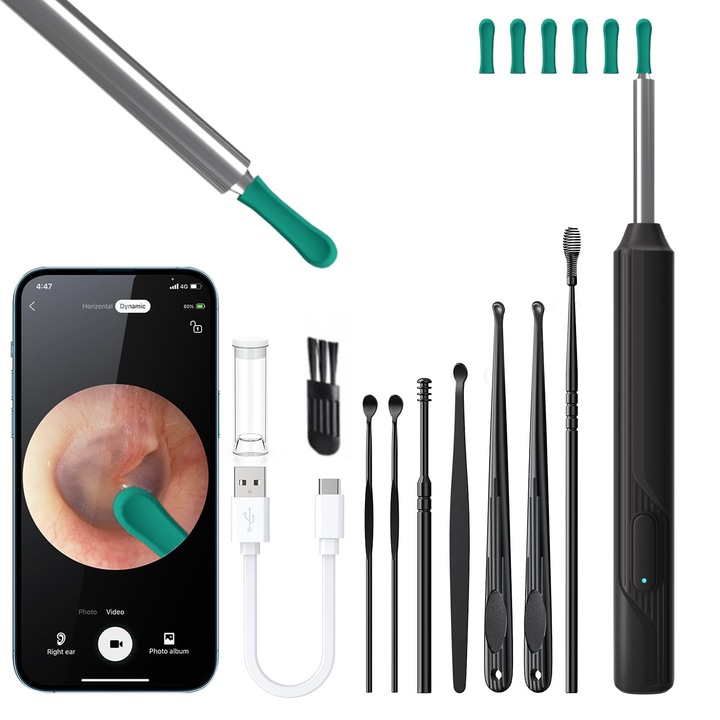 Dispozitiv curatare urechi, Vaxiuja, camera HD 1296P, Wireless, Wi-Fi, iluminare LED, waterproof IP67, negru